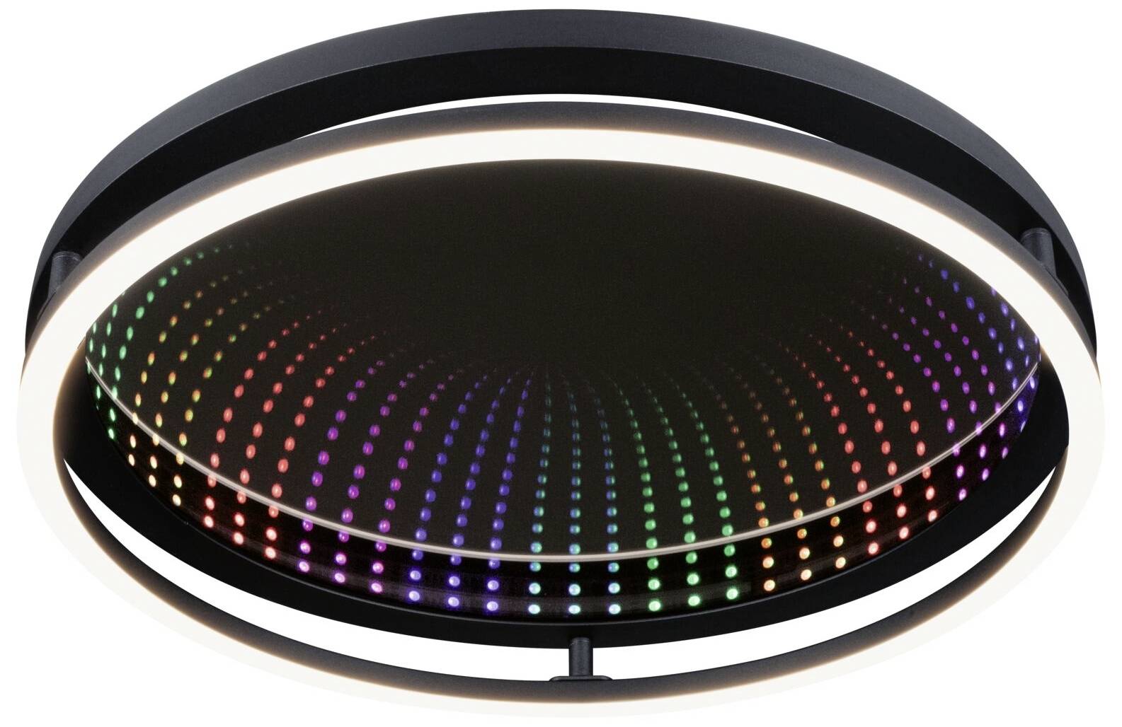 Een ronde LED-lichtring met een zwarte rand die gekleurde, spiraalvormig gerangschikte punten toont die een 3D-effect creëren.