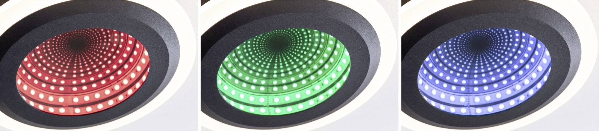 Drie ronde lampen tonen spiraalvormig gerangschikte led's in rood, groen en blauw. Ze creëren een visueel aantrekkelijk patroon.
