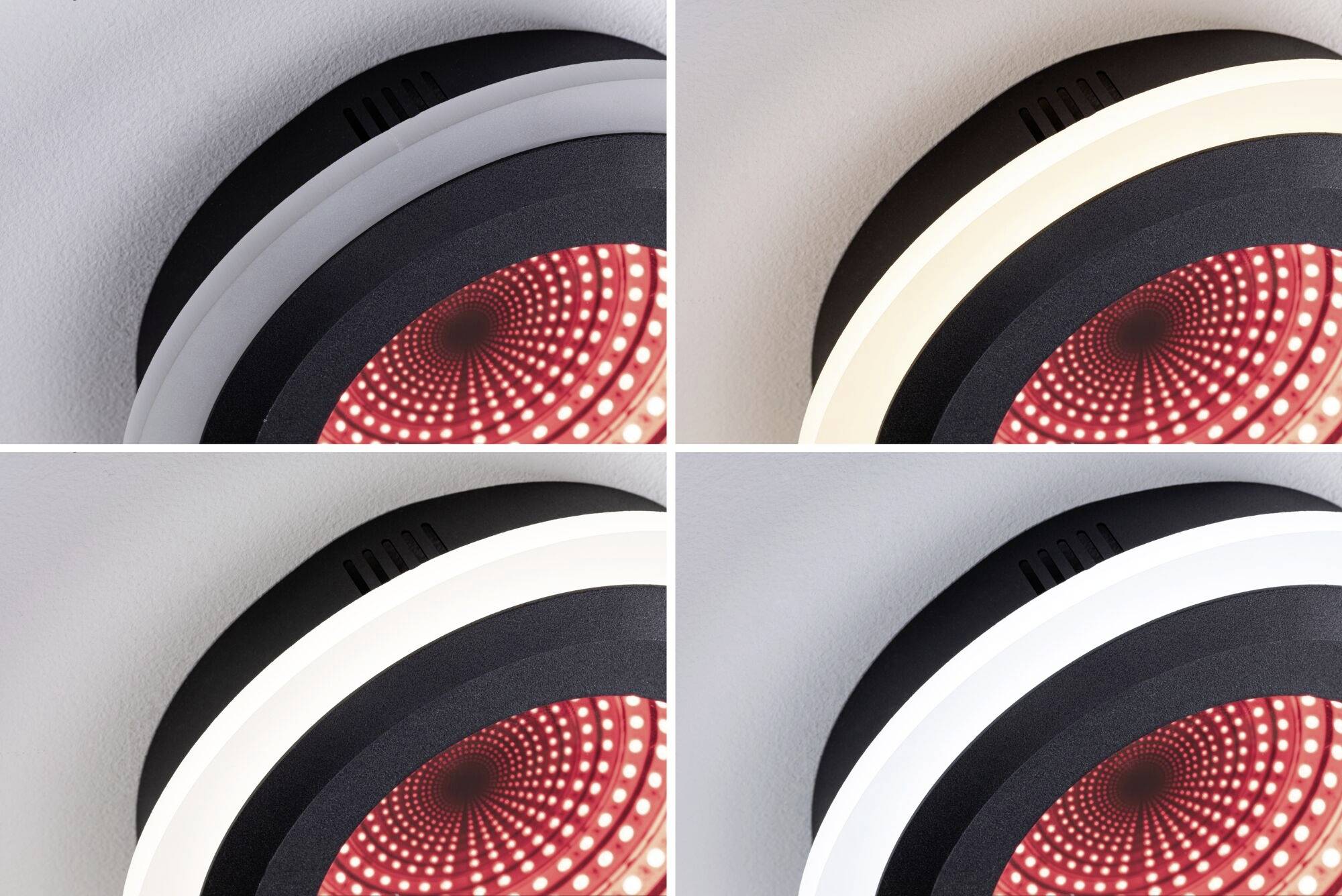 Vier opnamen van een ronde plafondlamp met een rood LED-patroon. De afbeeldingen tonen verschillende perspectieven en lichtintensiteiten.