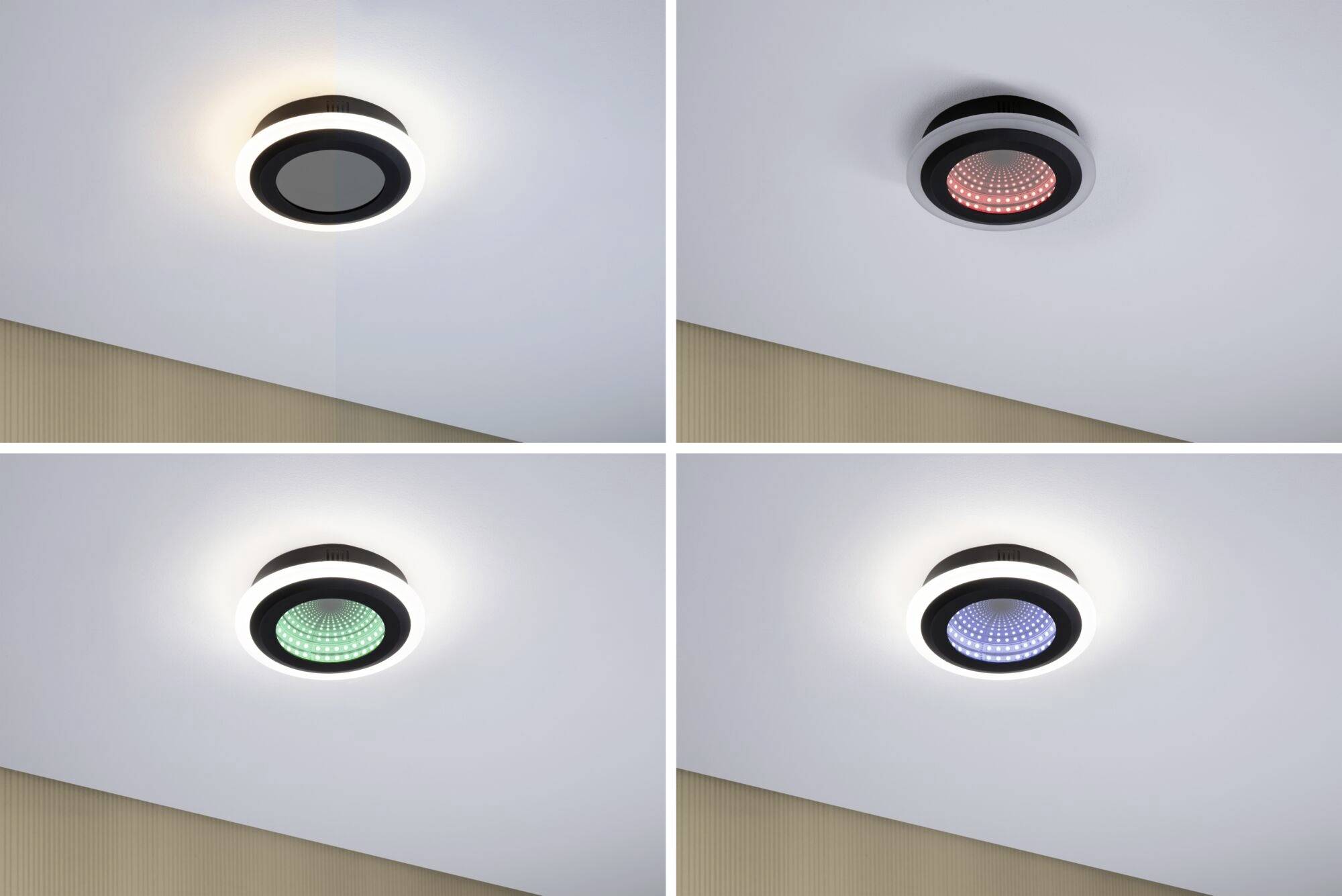 Vier ronde plafondlampen in verschillende kleuren: Wit, Rood, Groen en Blauw. Ze zijn gerangschikt in twee rijen.