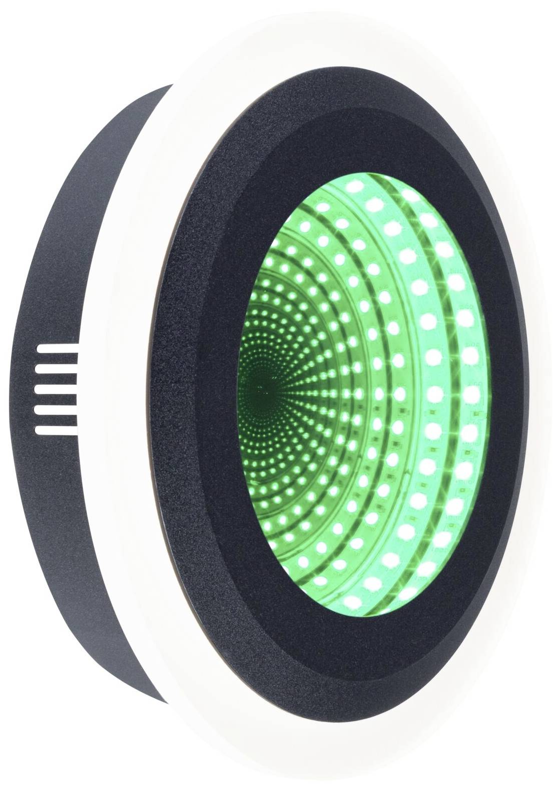 Een rond LED-licht in zwart en wit, schijnt groen in een tunneleffect, creëert een eindeloos spiegelingseffect.