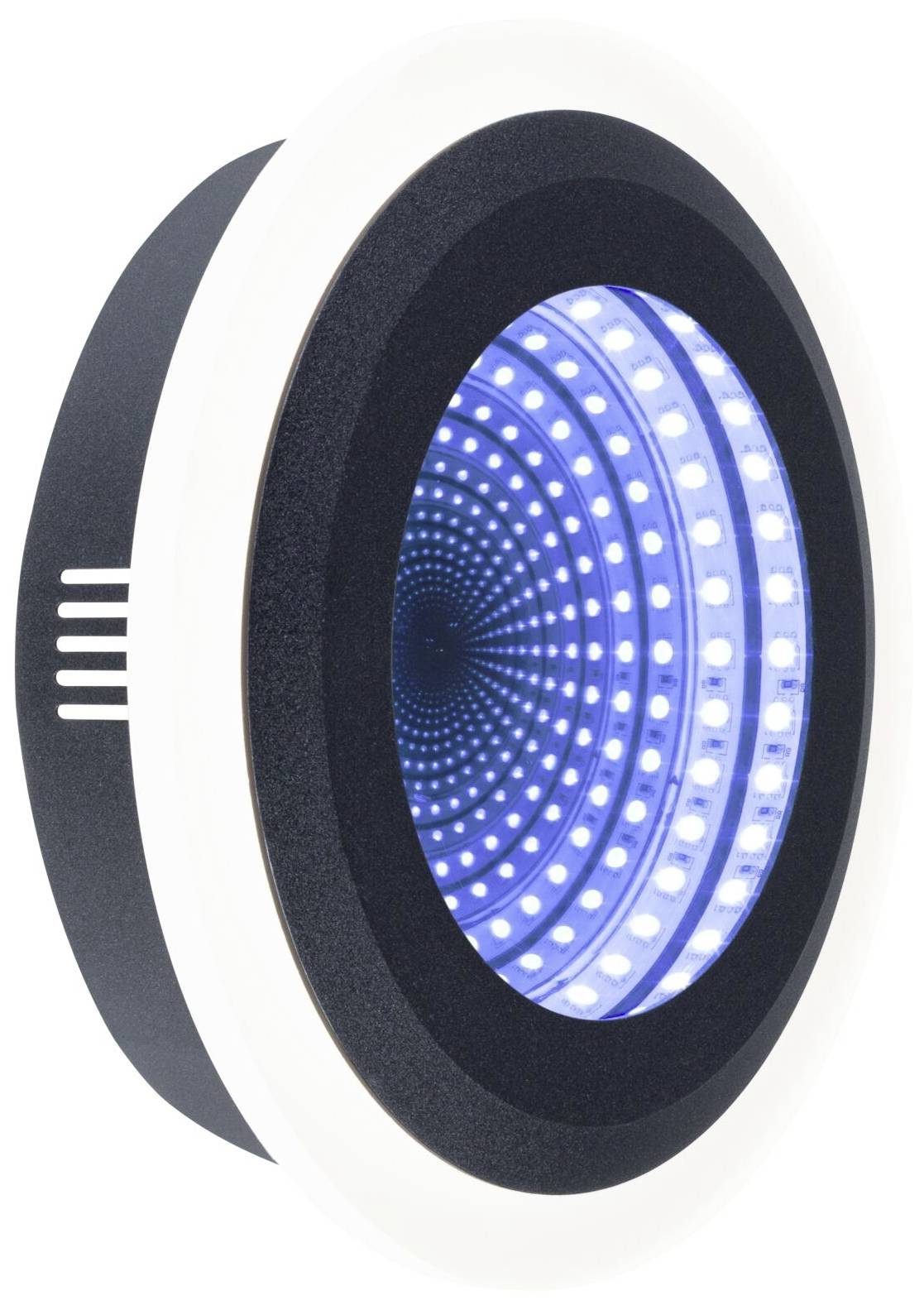 Een ronde LED-spiegel met een stralend blauw oneindigheidspatroon. Ideaal voor decoratie en futuristische ontwerpen.