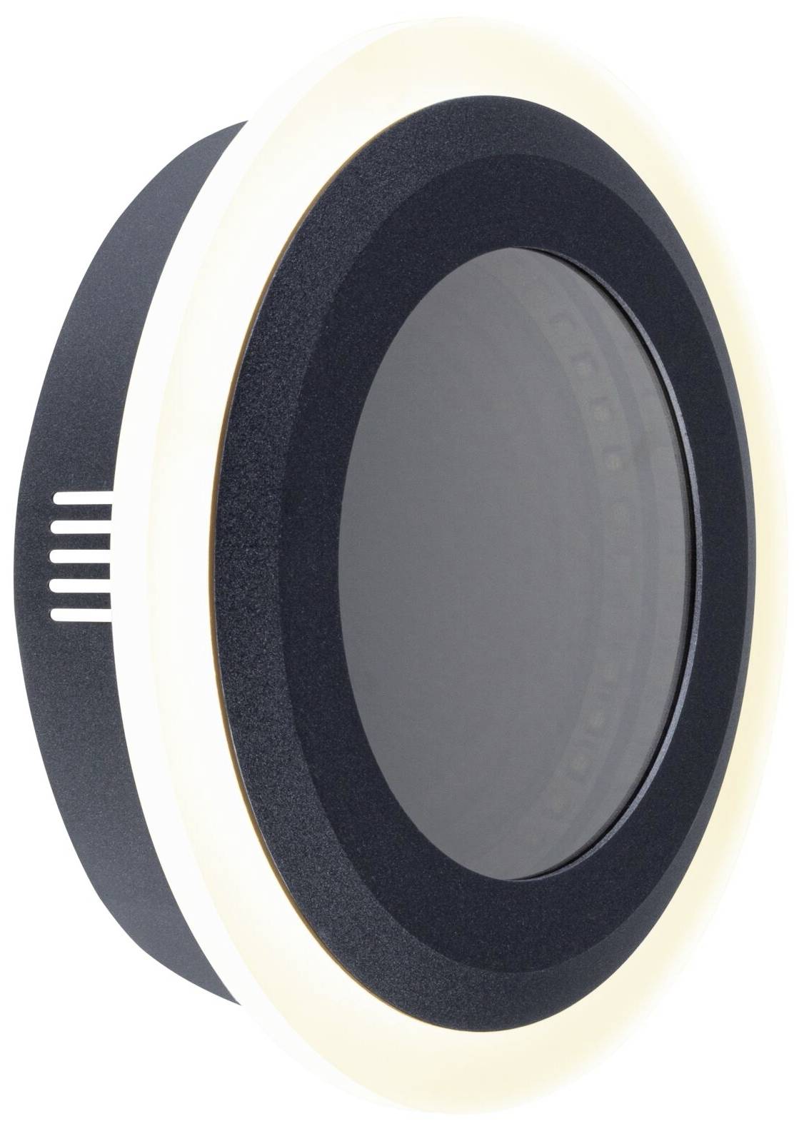 Een rond, modern wandlicht met een donkere buitenring en een brede, heldere binnenring die verlichting creëert.