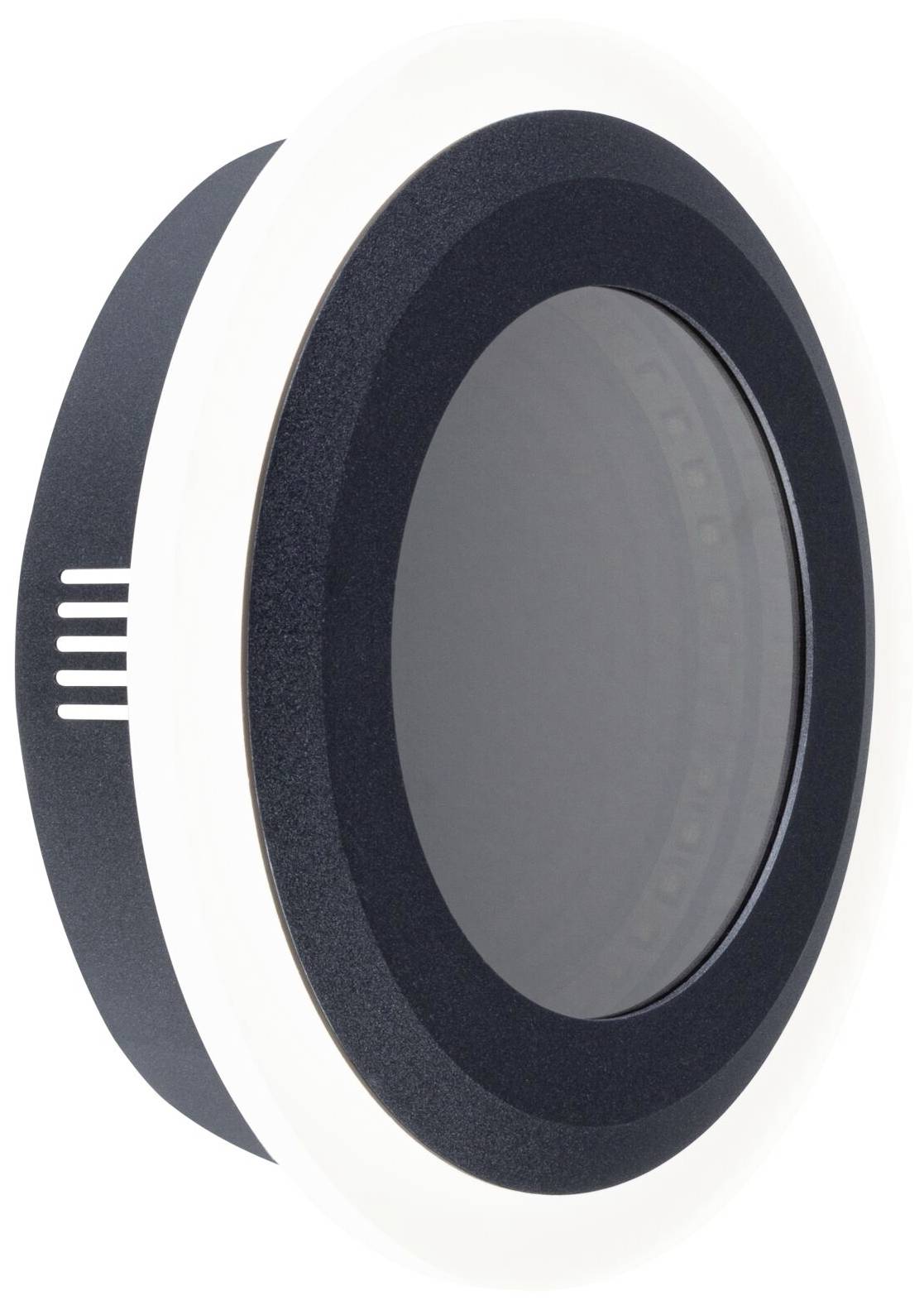 Een rond, modern ventilatietoestel met een zwarte behuizing en witte accenten, weergegeven in zijaanzicht.