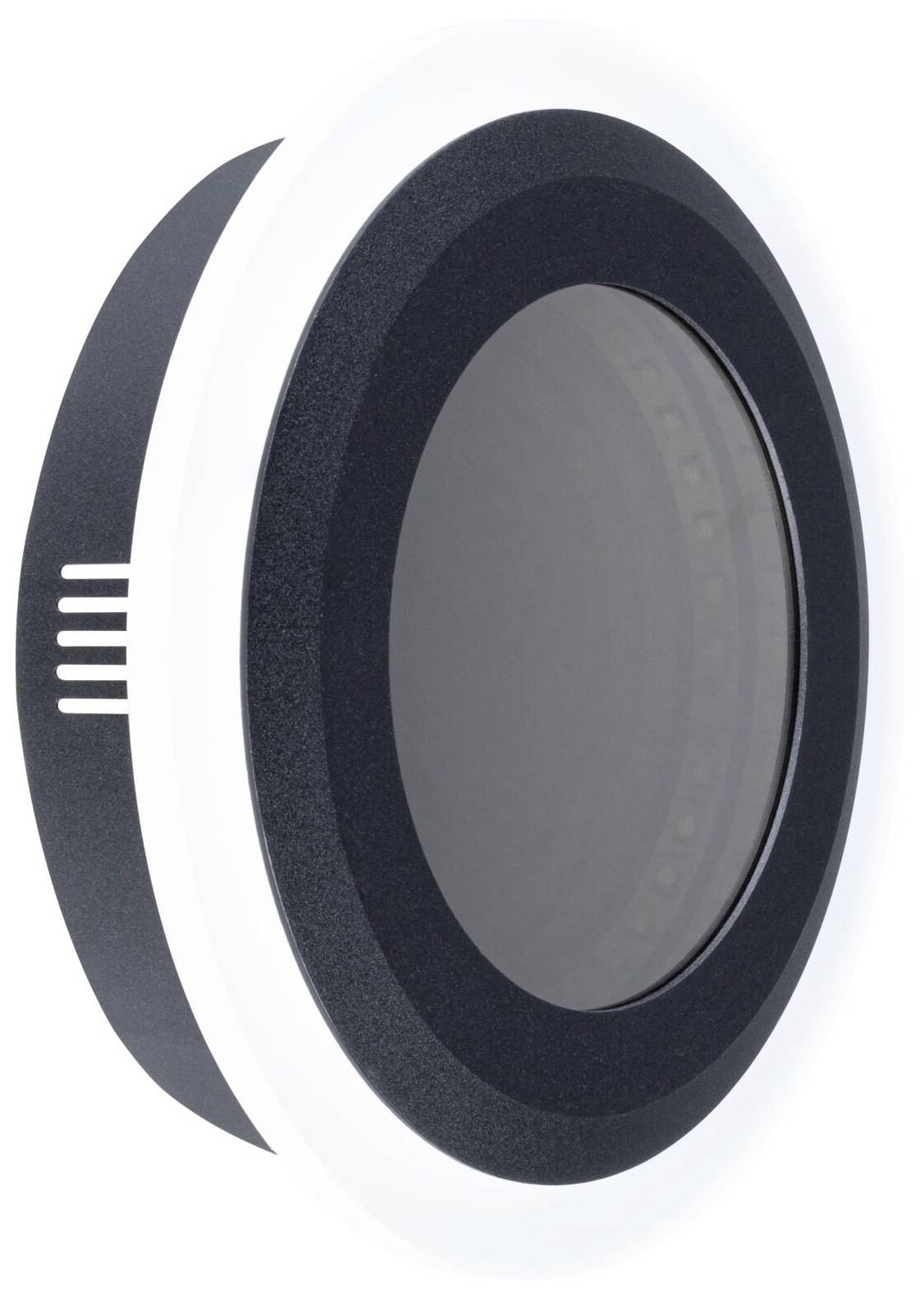 Zwarte ronde cameralens dop met witte rand. Ademt een moderne, technologische sfeer uit.