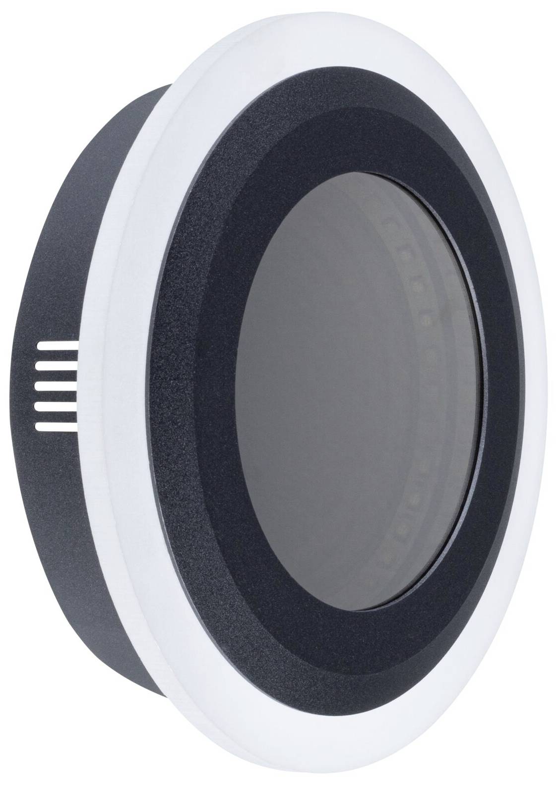 Ronde, moderne LED-inbouwlamp met zwarte en witte rand.