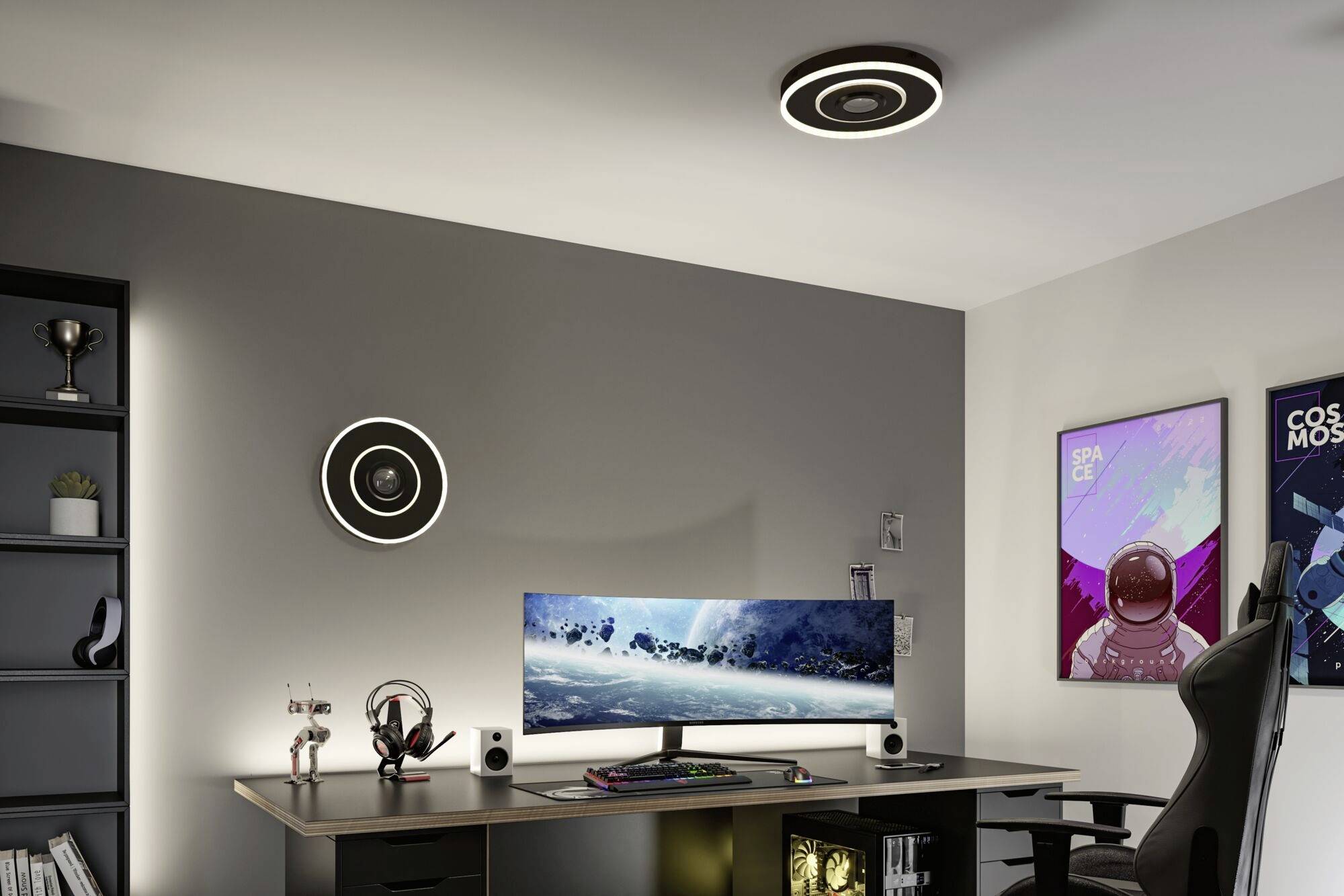 Een modern ingericht kantoor met een grote monitor op het bureau, omringd door futuristische posters en stijlvolle verlichting.