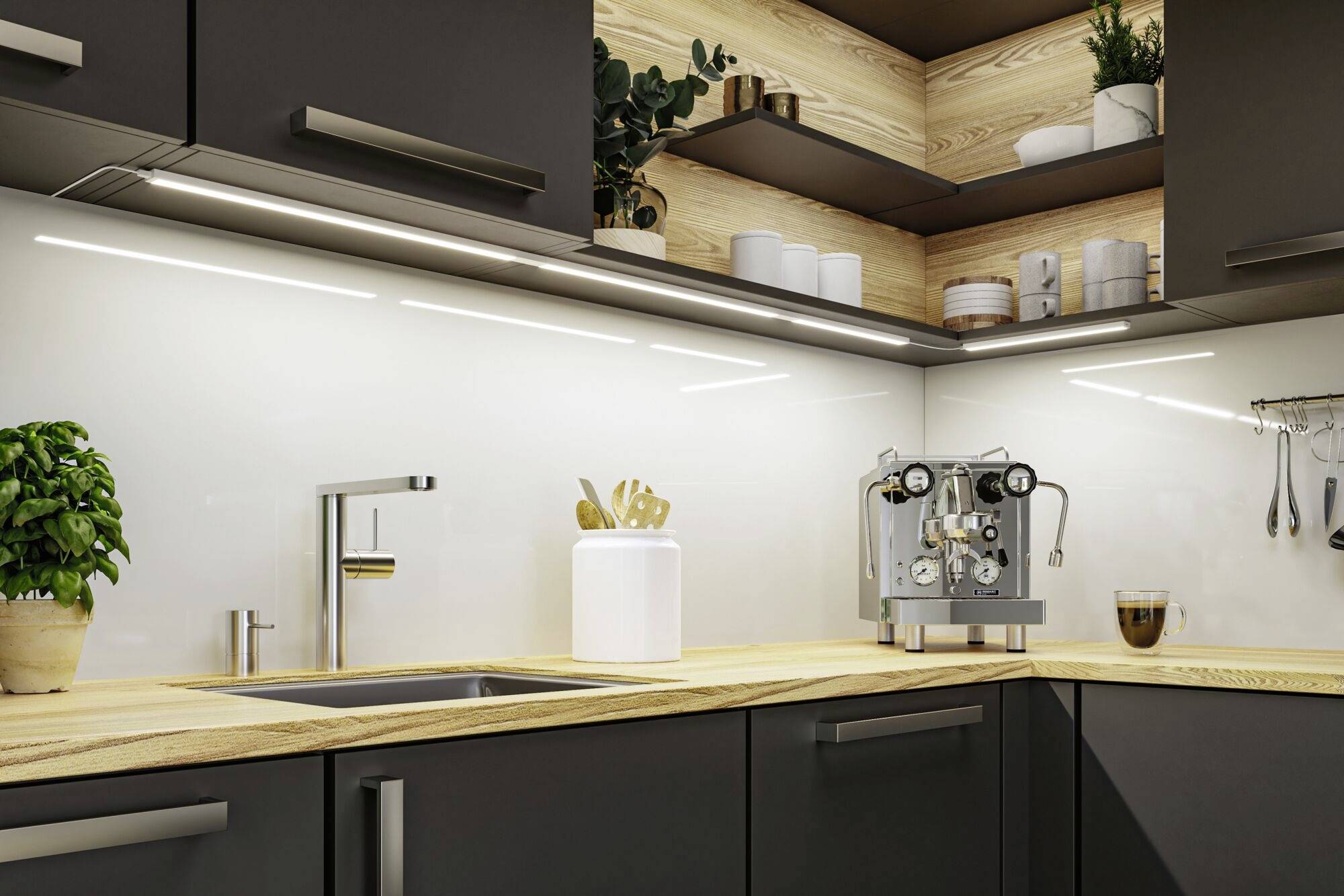 Moderne keukenhoek met houten elementen, planten en een espressomachine; strakke, minimalistische inrichting.