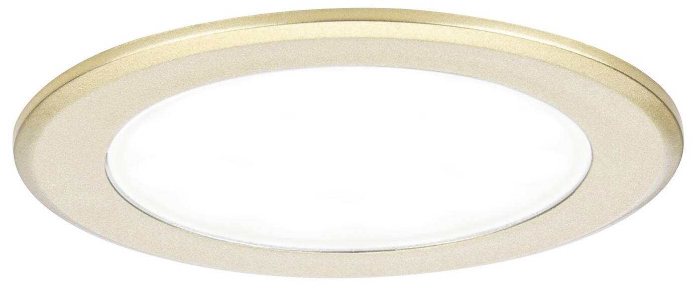 Een ronde, platte LED-plafondspot met goudkleurige rand, geschikt voor moderne interieurs.