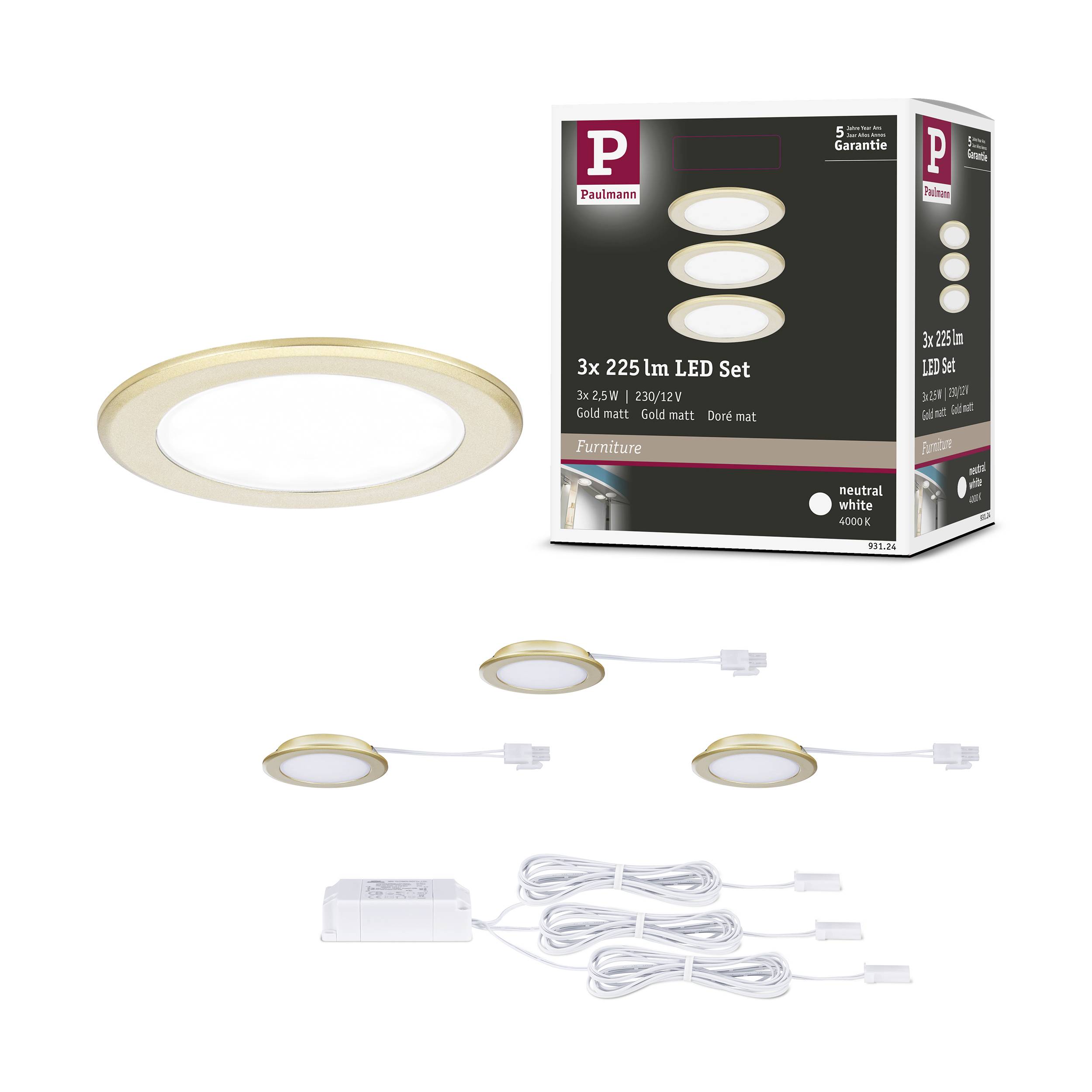 Set van drie ronde LED-verlichting, goudkleurig, 225 lumen per armatuur, inclusief transformator, voor meubelinbouw, lichtkleur neutraal wit 4000K. Verpakking toont afbeelding van de verlichting en specificaties.