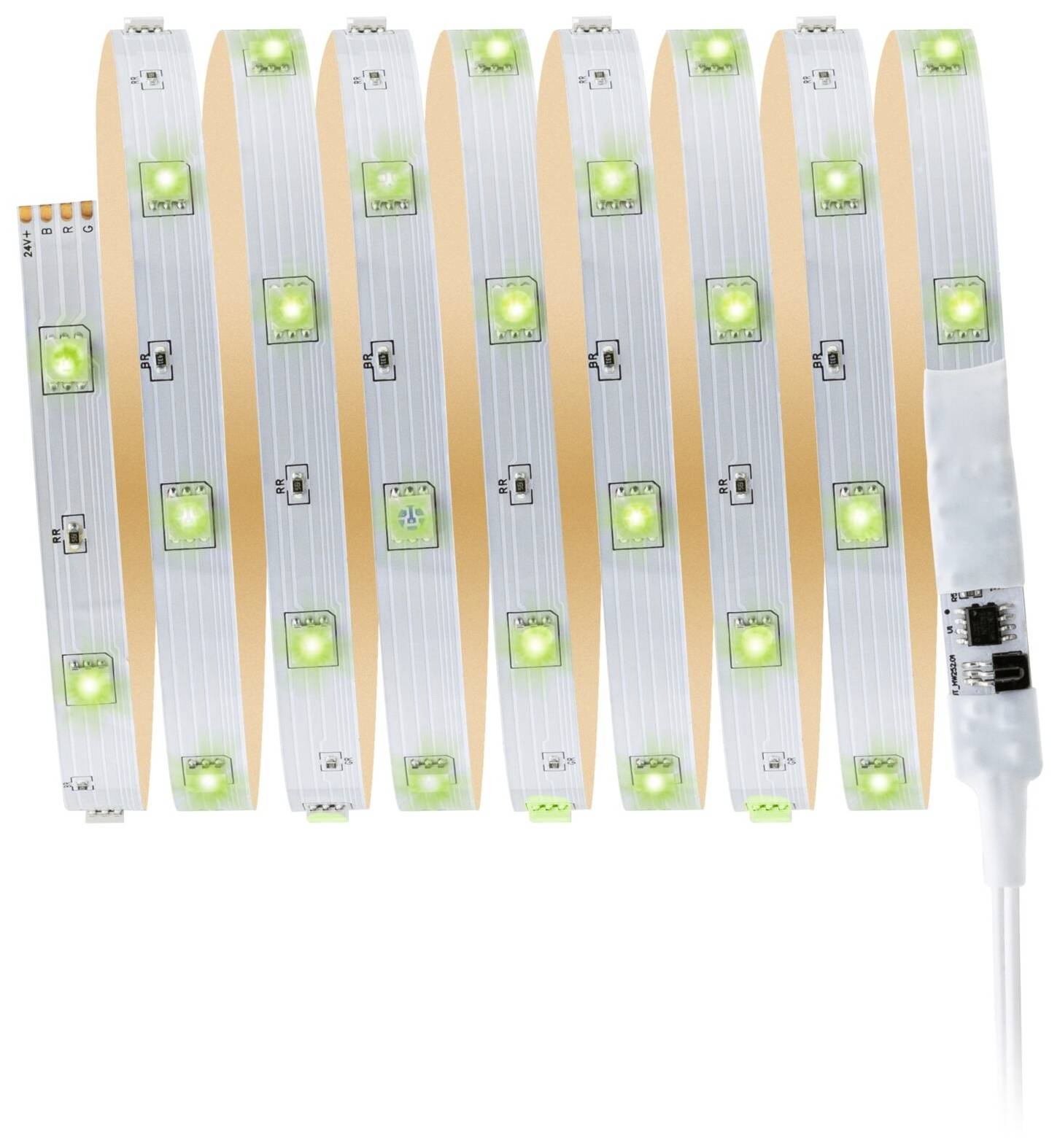 Een LED-lichtstrip die spiraalvormig is opgerold. De LED's zijn groen en de strip heeft aansluitingen aan beide uiteinden.