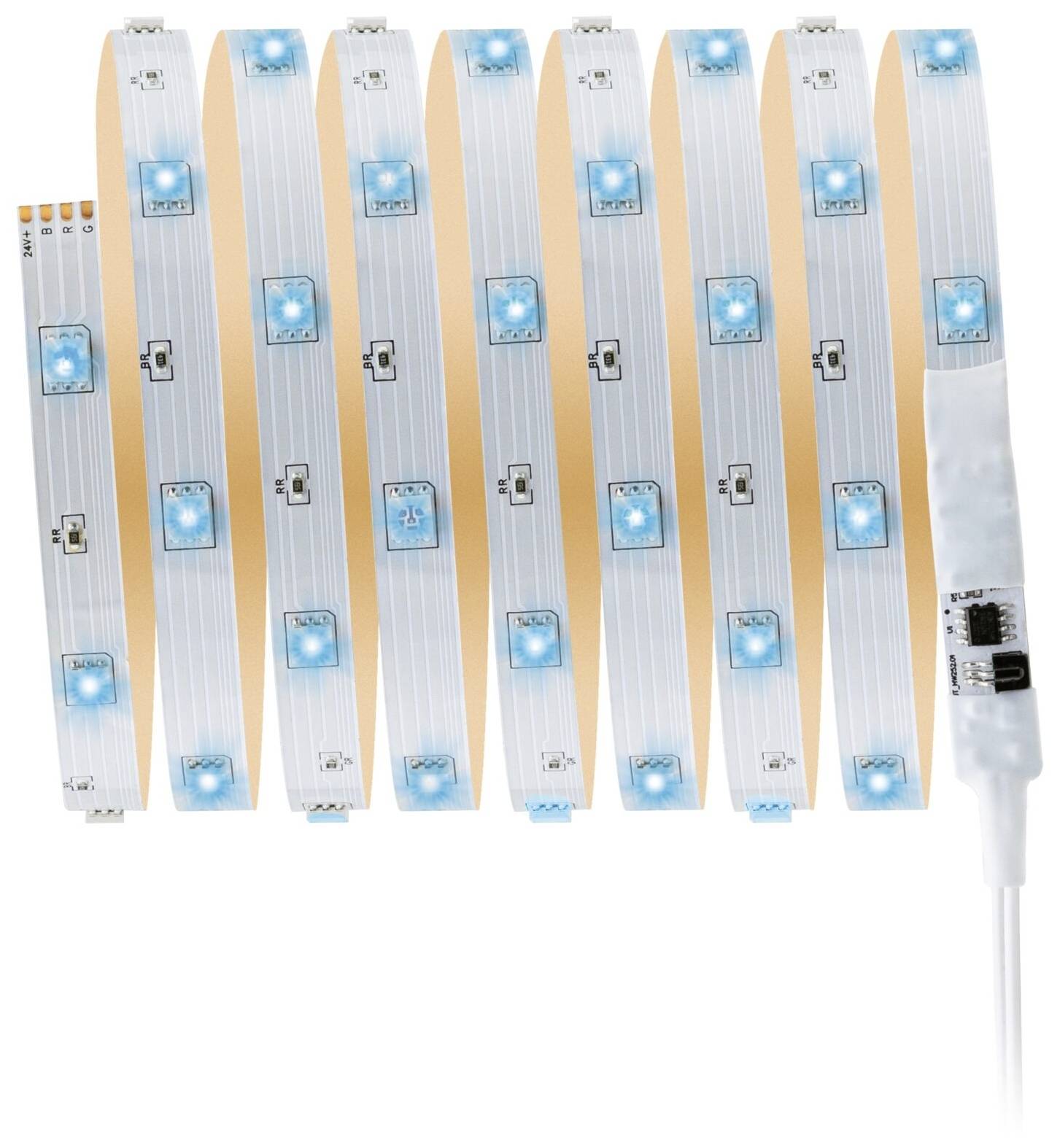 LED-strip, wit met blauwe lampjes, opgerold. Geschikt voor decoratieve verlichting, flexibel en aanpasbaar.