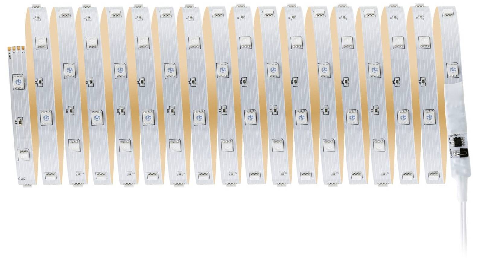 Een LED-lichtstrip met meerdere verlichte segmenten in een spiraalvormige configuratie, die een warme, witte verlichting uitstraalt.