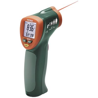 Infrarood-thermometer met display, toont temperatuur van 83,6 graden Fahrenheit. Rode lasermarkering, groene en oranje behuizing.