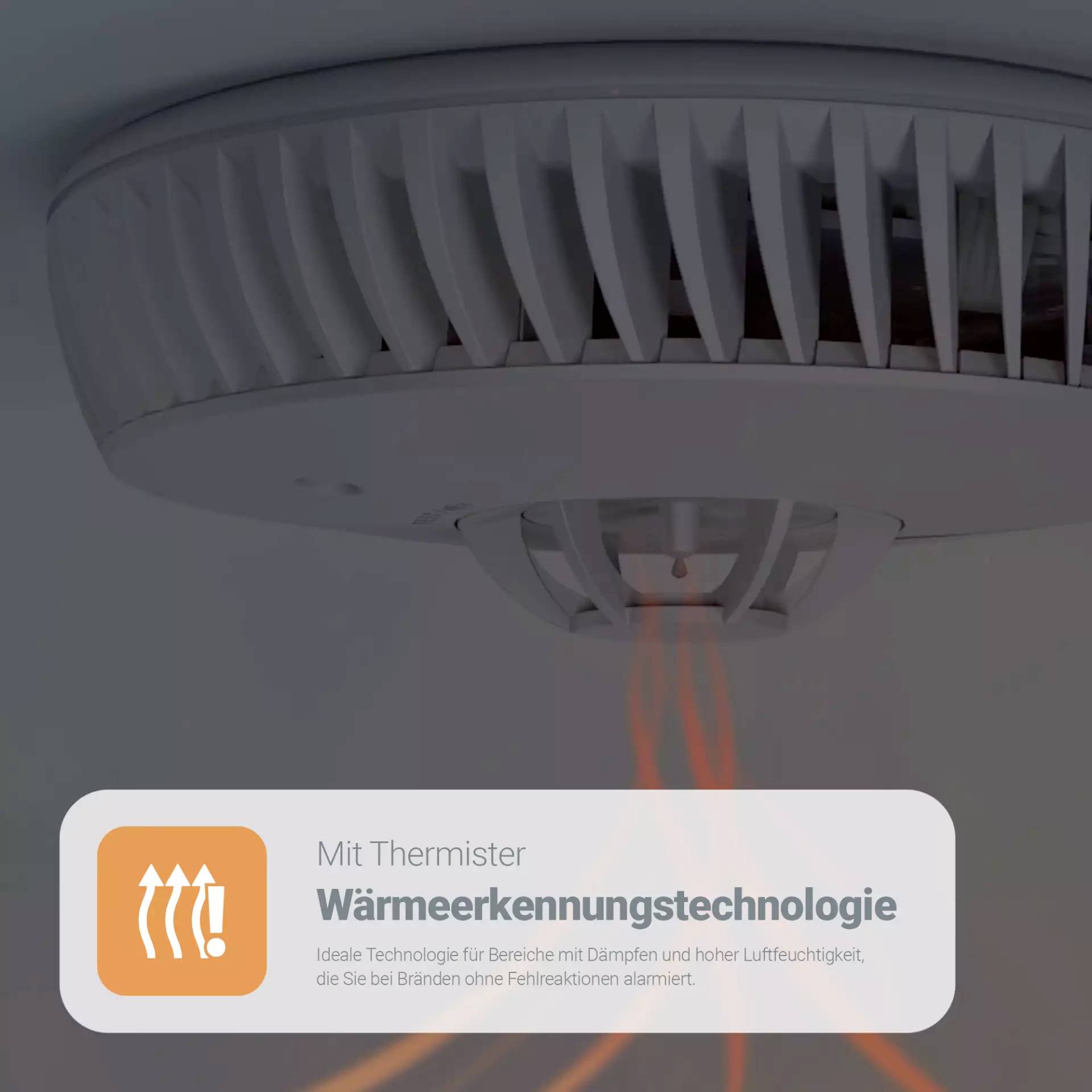 Rookmelder met warmtedetectietechnologie, ideaal voor vochtige ruimtes. Voorkomt valse alarmen door hoge luchtvochtigheid.