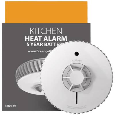Een warmtemelder met een batterij die 5 jaar meegaat. Geschikt voor keukens, met test-/stille-alarmfunctie. Verpakking toont website-URL.