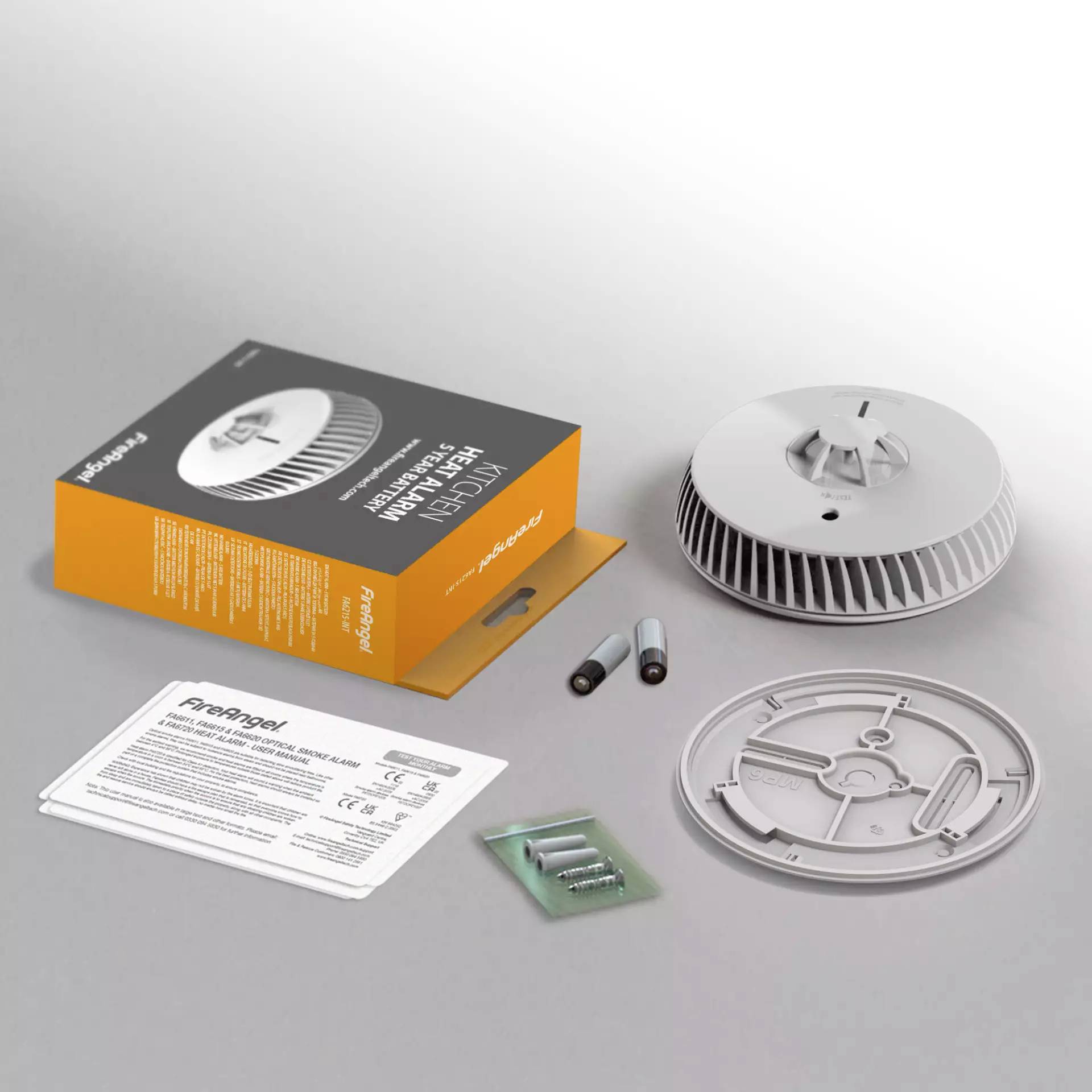 Inhoud van de verpakking van een LED-plafondlamp: lamp, handleiding, bevestigingsmateriaal, batterijen en verpakking.