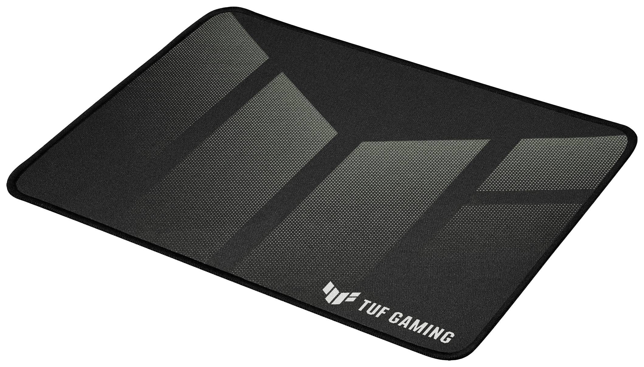 Zwart muismat met schuine, grijze strepen en de opdruk 'TUF Gaming' in één hoek.