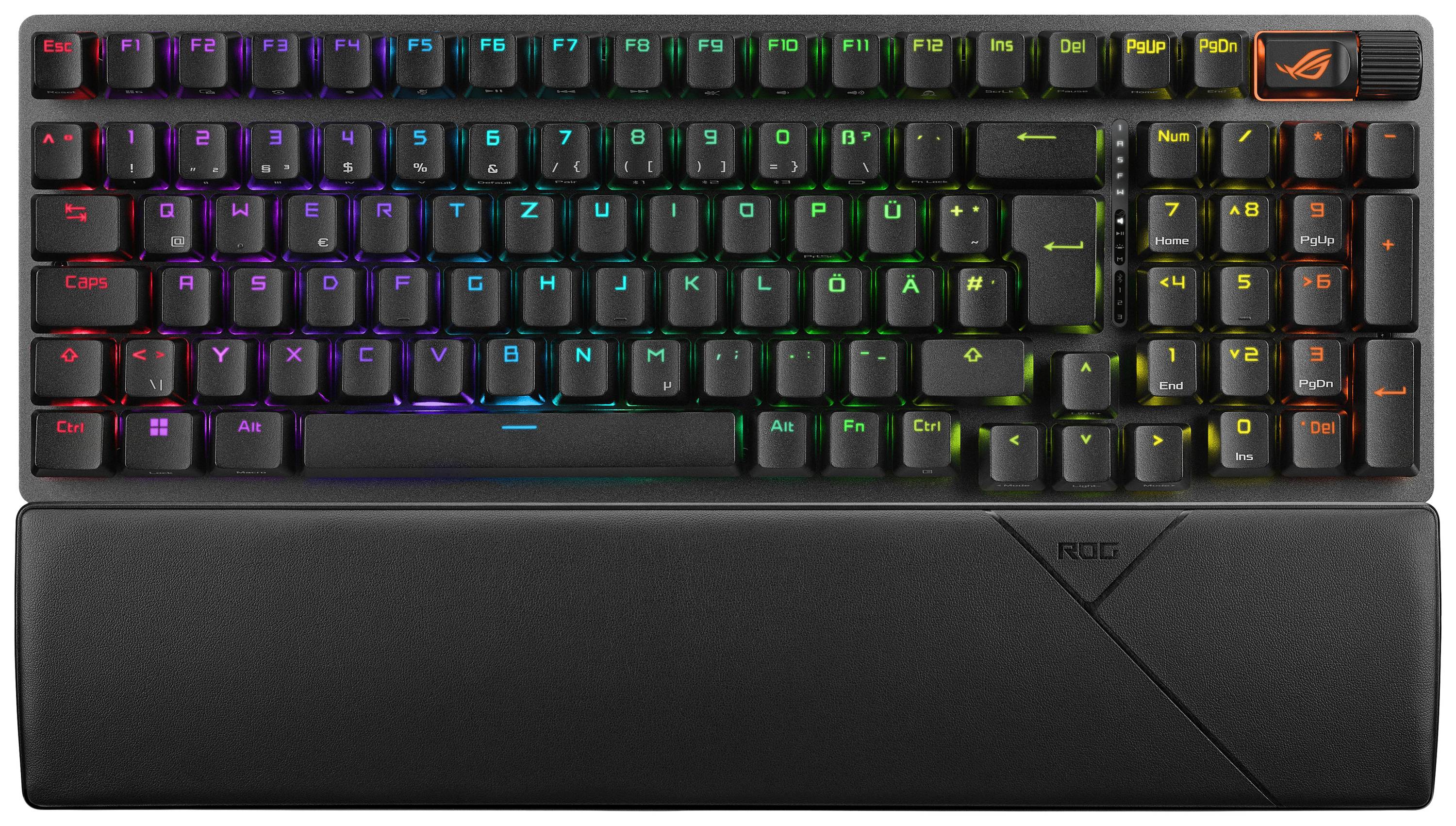 Een gaming-toetsenbord met RGB-achtergrondverlichting, Duits toetsenbordindeling. Ergonomische polssteun en speciale mediatoetsen.