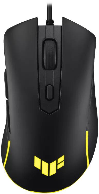Zwarte gaming-muis met gele lichtaccenten en ergonomisch ontwerp, bekabelde aansluiting en meerdere knoppen.