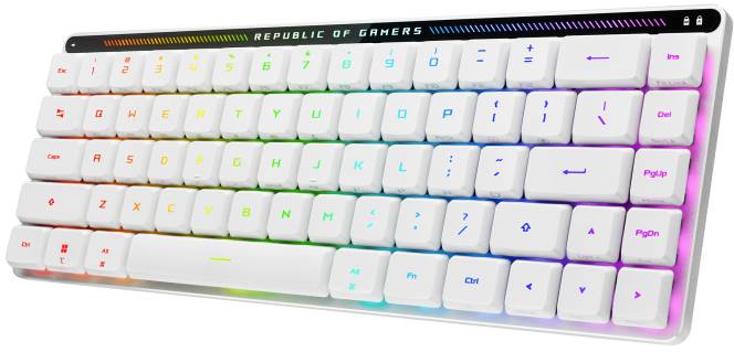 Witte gaming-toetsenbord met RGB-verlichting en de tekst 'Republic of Gamers' bovenaan. De toetsen lichten op in verschillende kleuren.