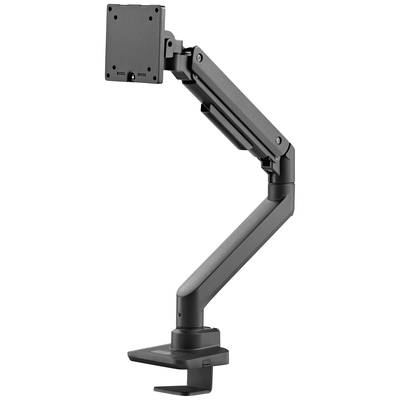 Een zwarte monitorarm met een scharnierende gewricht die aan een tafelrand kan worden geklemd.