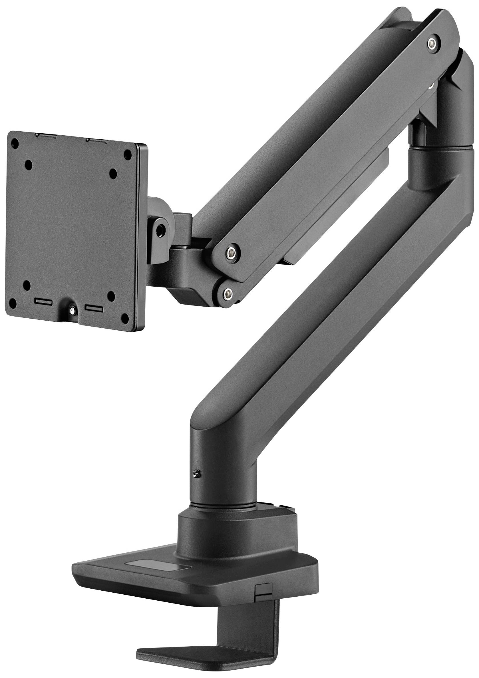 Een zwarte, verstelbare monitorarm met tafelbevestiging en VESA-bevestiging. Ideaal voor ergonomische aanpassing van een beeldscherm.