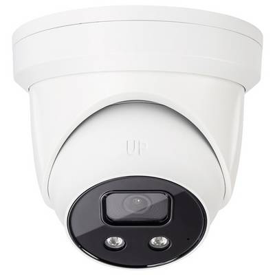 Beveiligingscamera gemonteerd aan een plafond, wit behuizing, met twee LED-lampjes en een centraal objectief.
