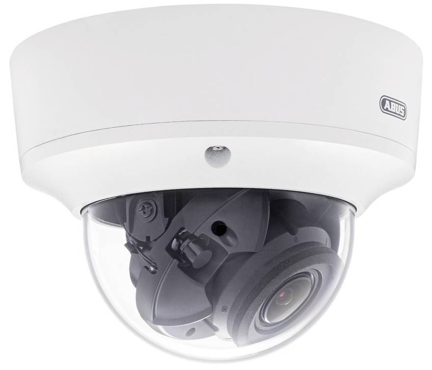 Koepel-camera voor bewaking van binnenruimtes, wit behuizing, lens zichtbaar, geschikt voor beveiligingsdoeleinden.