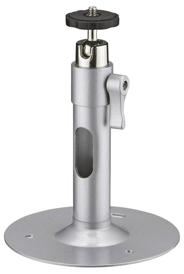 Een zilveren camerahouder met een ronde voet en een in hoogte verstelbare scharnierverbinding, geschikt voor het bevestigen van bewakingscamera's.