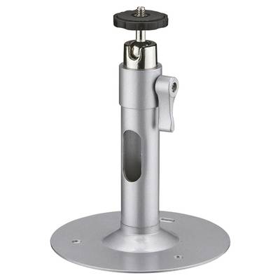 Een zilveren camerahouder met een ronde voet en een in hoogte verstelbare scharnierverbinding, geschikt voor het bevestigen van bewakingscamera's.