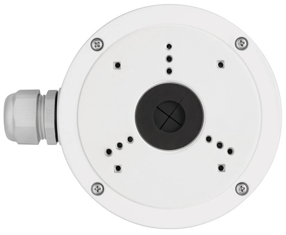 Ronde witte aansluitdoos met schroeven, geschikt voor elektrische of elektronische installaties in binnenruimtes.