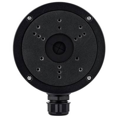 Een zwarte ronde camera-bevestigingsplaat met meerdere kleine gaten en een centrale opening voor kabeldoorvoer.
