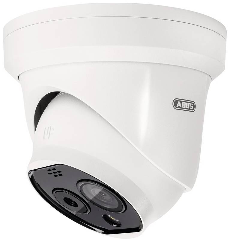 Bewakingscamera, gemonteerd aan het plafond, met Abus-logo. Wit, modern design, gericht naar beneden.