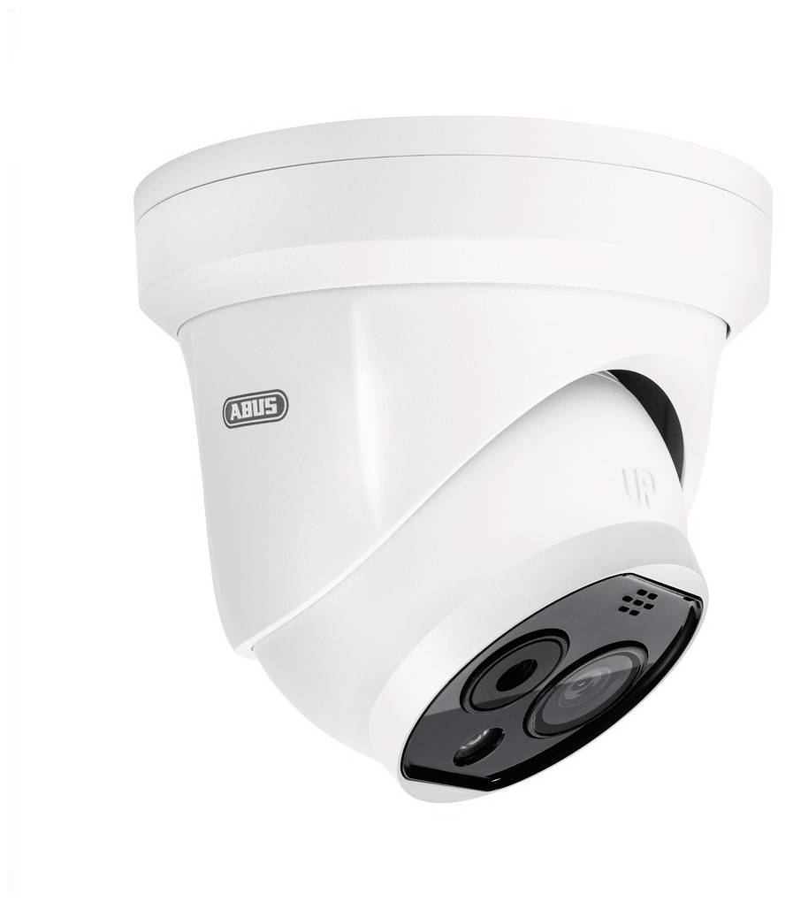 Bewakingscamera aan het plafond gemonteerd, wit, met merklogo aan de zijkant.