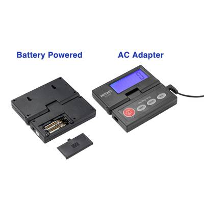 'Polcraft Mini-UPS-150E-Voeding' met twee bedrijfsmodi: batterijmodus en netadapter. Beschikt over display en toetsen voor bediening.