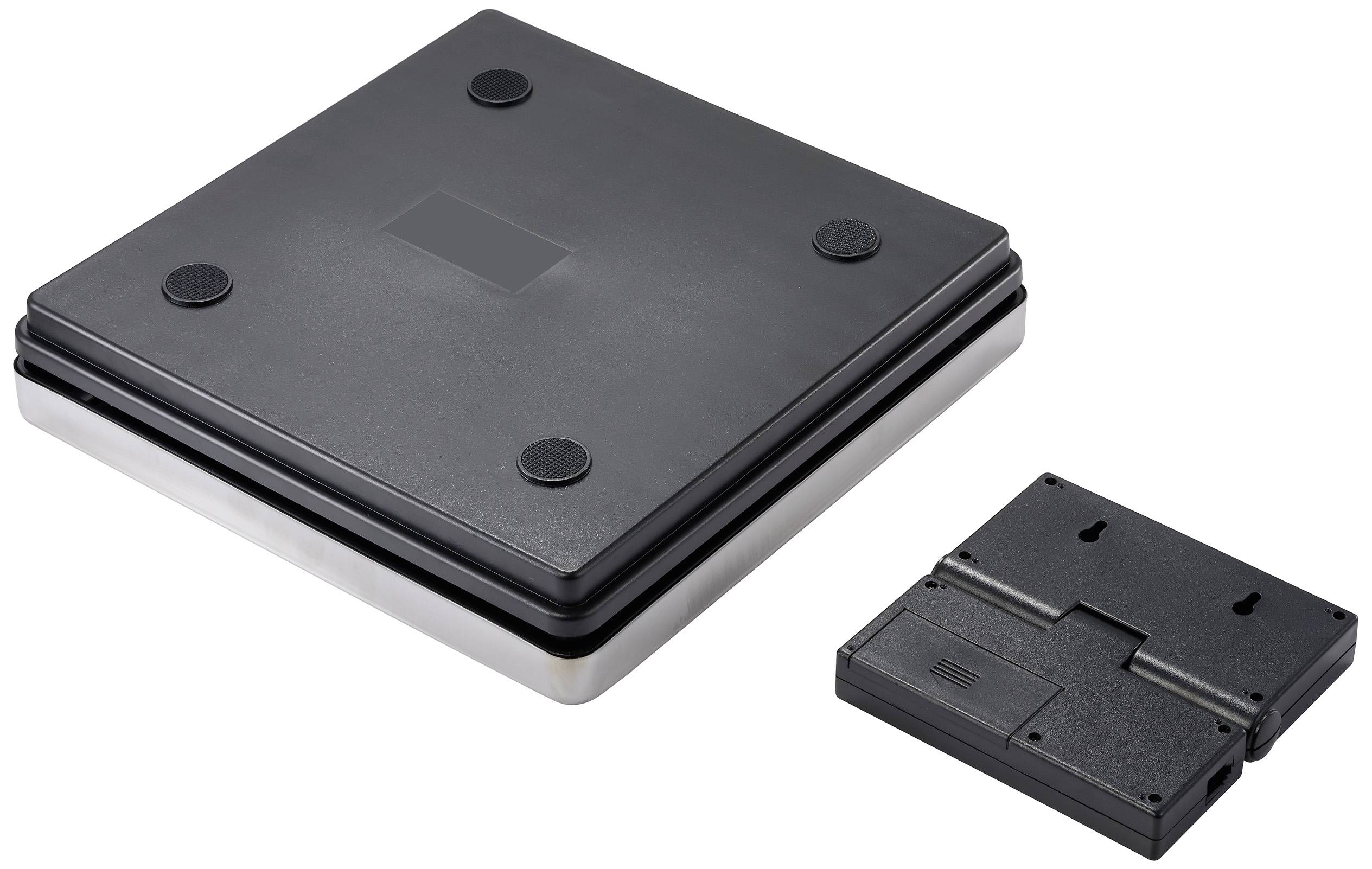Een zwarte digitale personenweegschaal met een aan de zijkant geplaatste batterijklep.