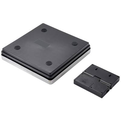 Een zwarte digitale personenweegschaal met een aan de zijkant geplaatste batterijklep.