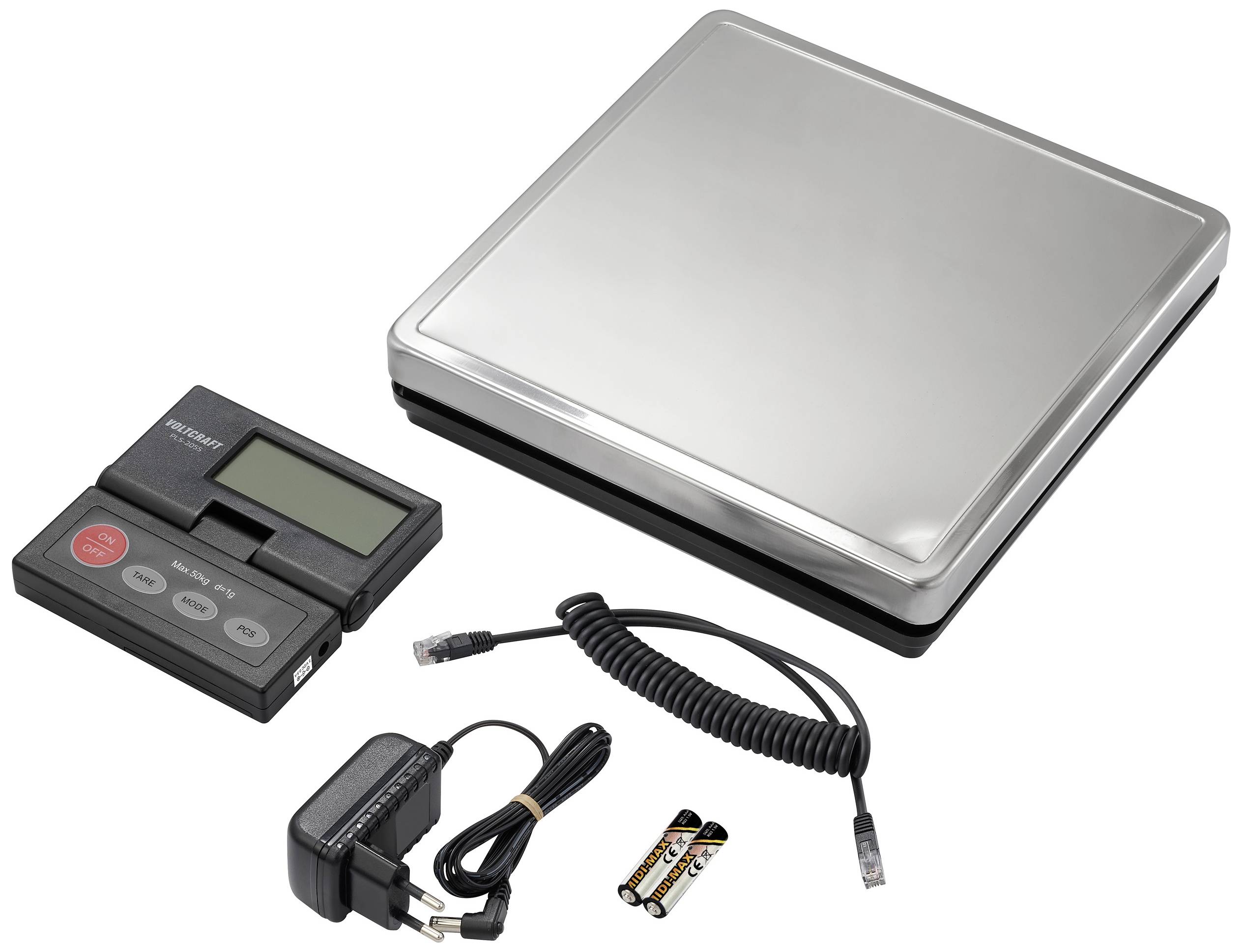 Digitale keukenweegschaal met lcd-display, voedingsadapter, kabel en twee batterijen.