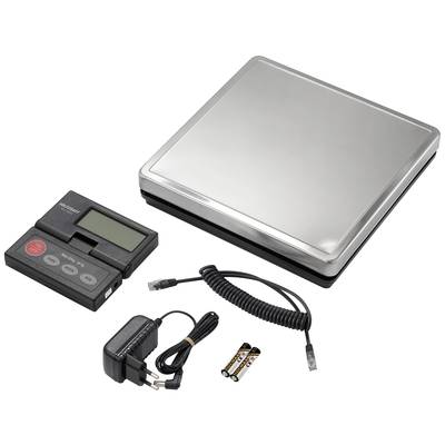 Digitale keukenweegschaal met lcd-display, voedingsadapter, kabel en twee batterijen.