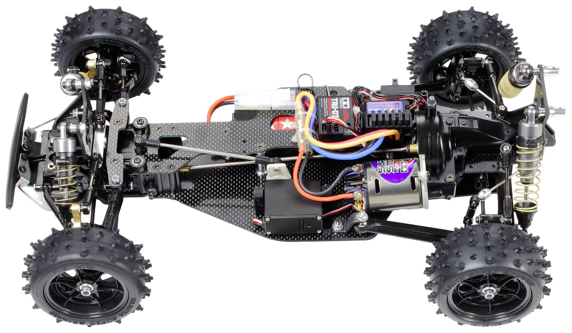 Afstandsbediend auto-chassis met zichtbare batterij-, motor- en elektronische componenten. De wielen zijn robuust en geschikt voor terreinrijden.