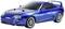 Blauw sportwagen-model, zijaanzicht. Opvallend aerodynamisch design met grote velgen en achterspoiler.