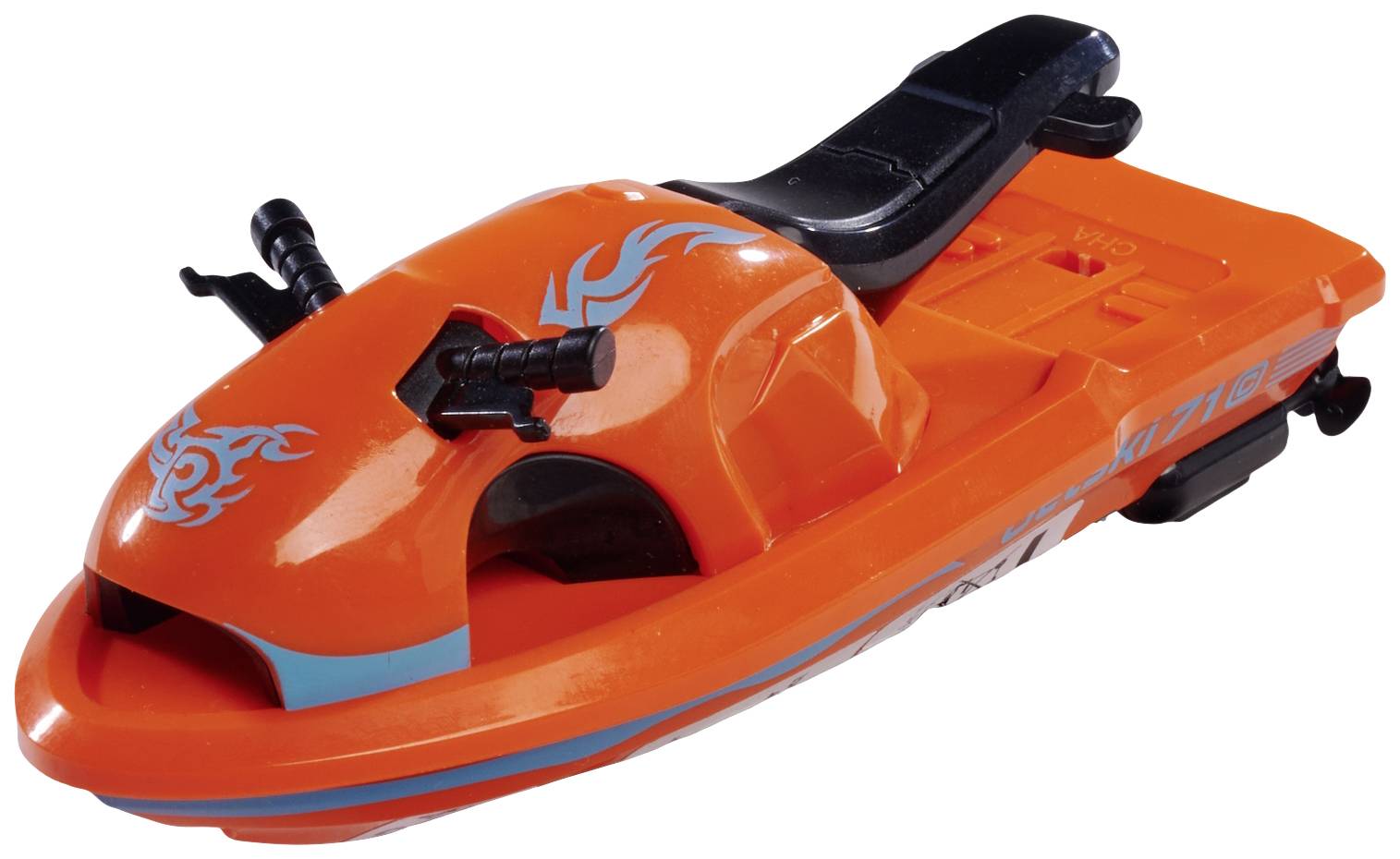 Een oranje speelgoed-jetski met blauwe vlampatronen en een zwarte zitting.