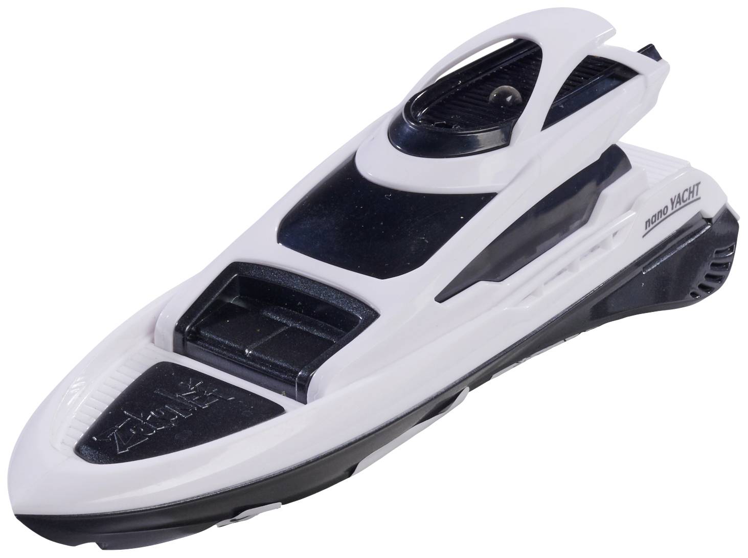 Een wit, futuristisch vormgegeven speelgoedboot met zwarte accenten. Het heeft gebogen lijnen en oogt stroomlijning.