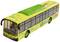 Het beeld toont een geel model van een stadsbus met groene details. De bus heeft een transparant dak en zichtbare zitrijen binnenin.