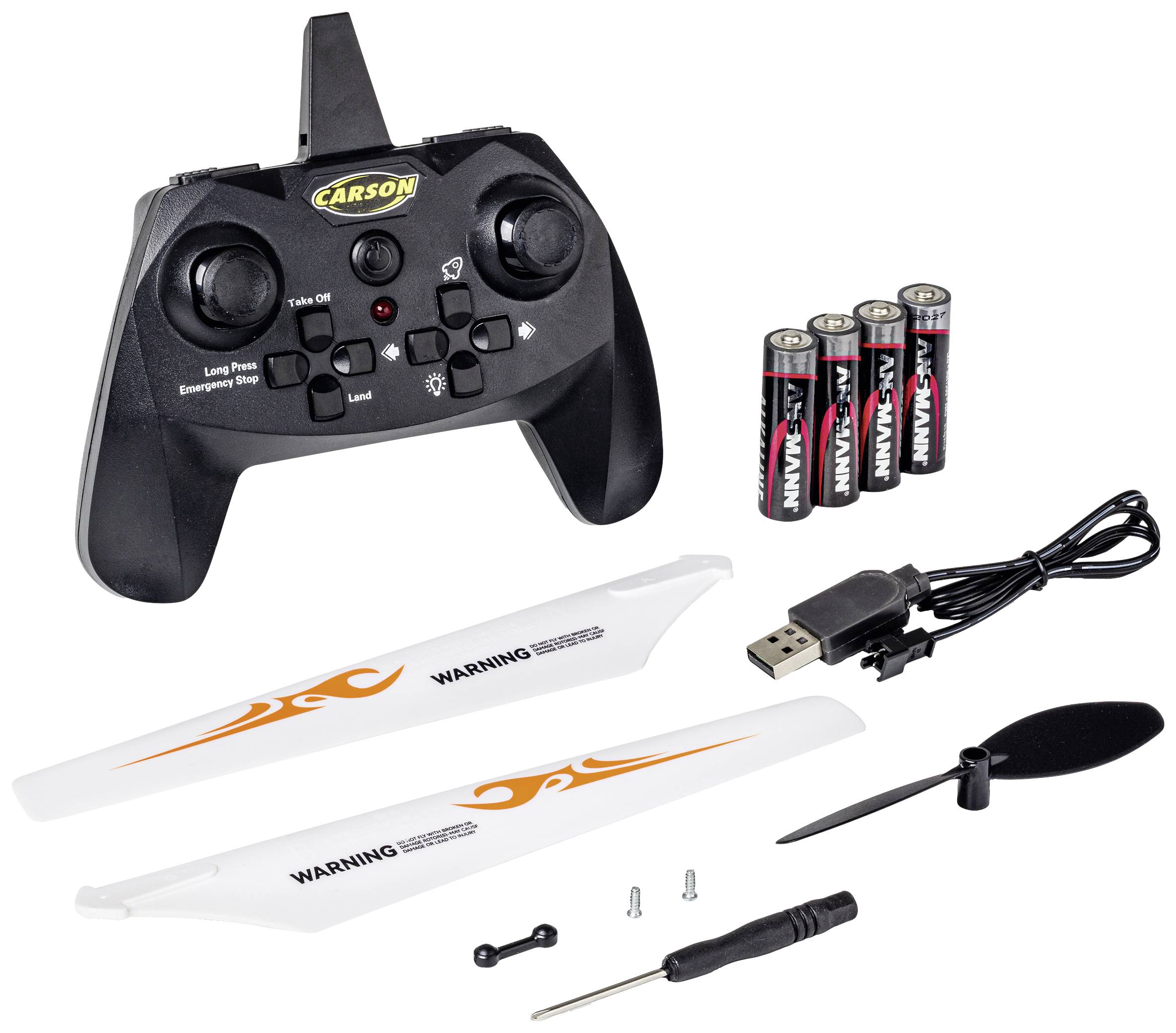 Een set bestaande uit een zwarte afstandsbedieningscontroller, vier batterijen, twee rotorbladen, een USB-kabel, een schroef en een mini-schroevendraaier.