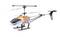 Een witte modelhelikopter met oranje accenten en een haaienmuil-design, op een witte achtergrond.
