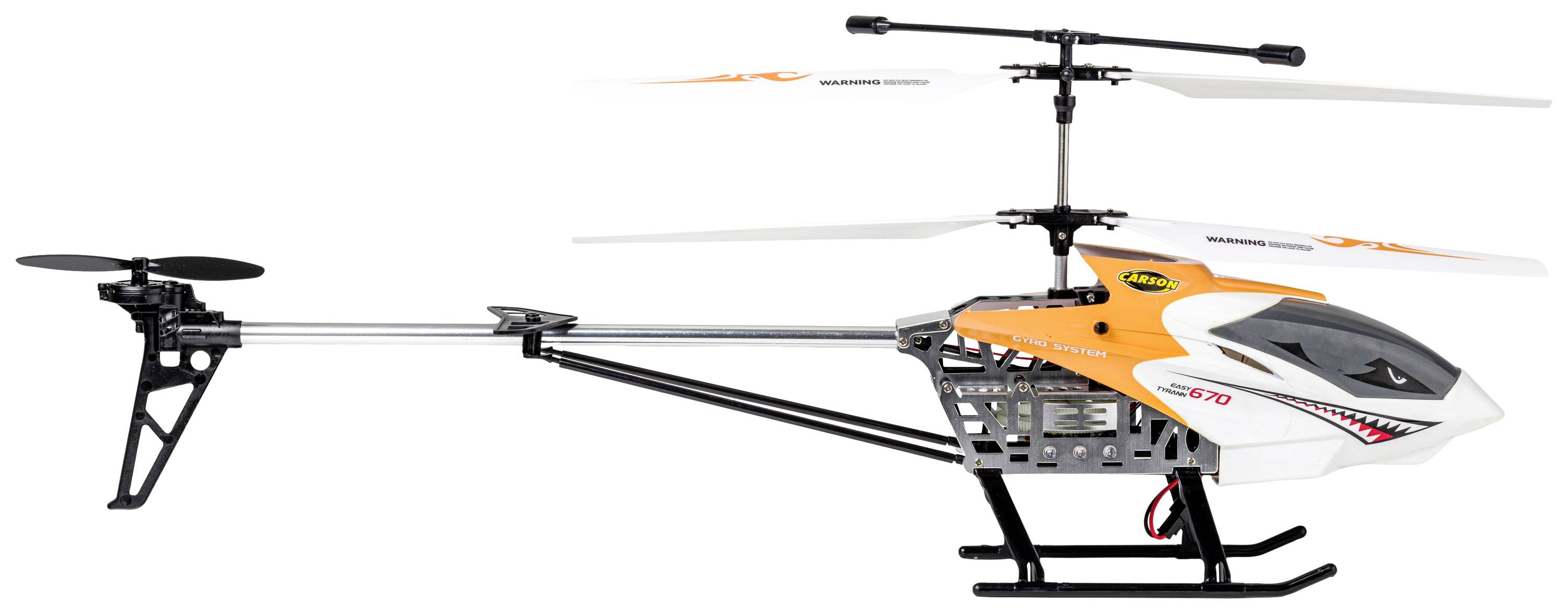 Een afstandsbediende modelhelikopter met een oranje-wit behuizing en dubbele rotor, gezien van opzij.
