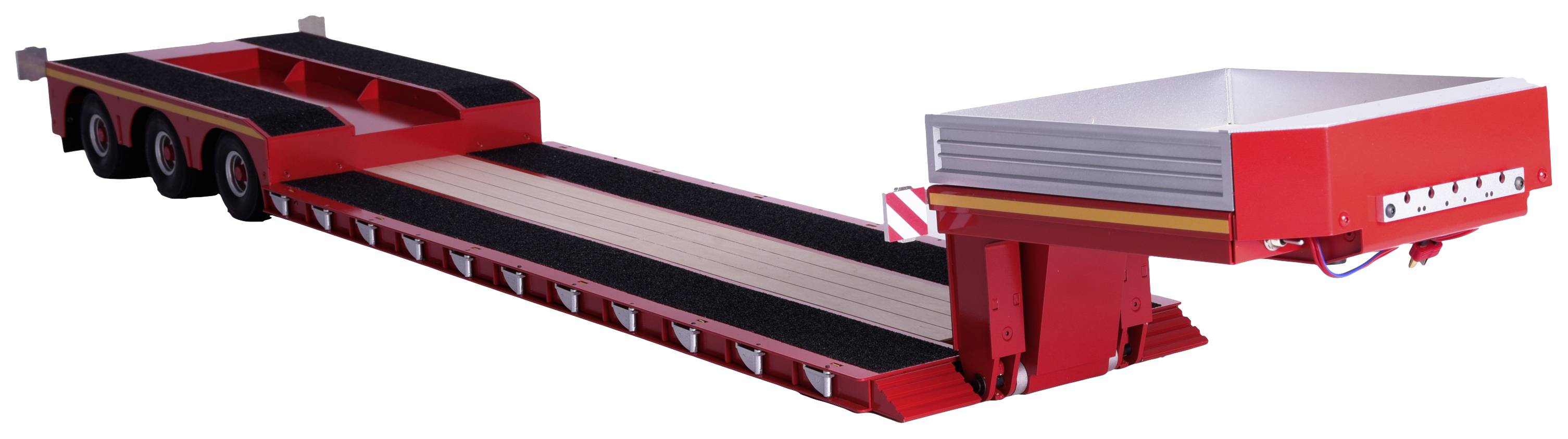 Rode dieplader met drie assen en verlaagd middendeel voor het transport van grote voertuigen of machines.