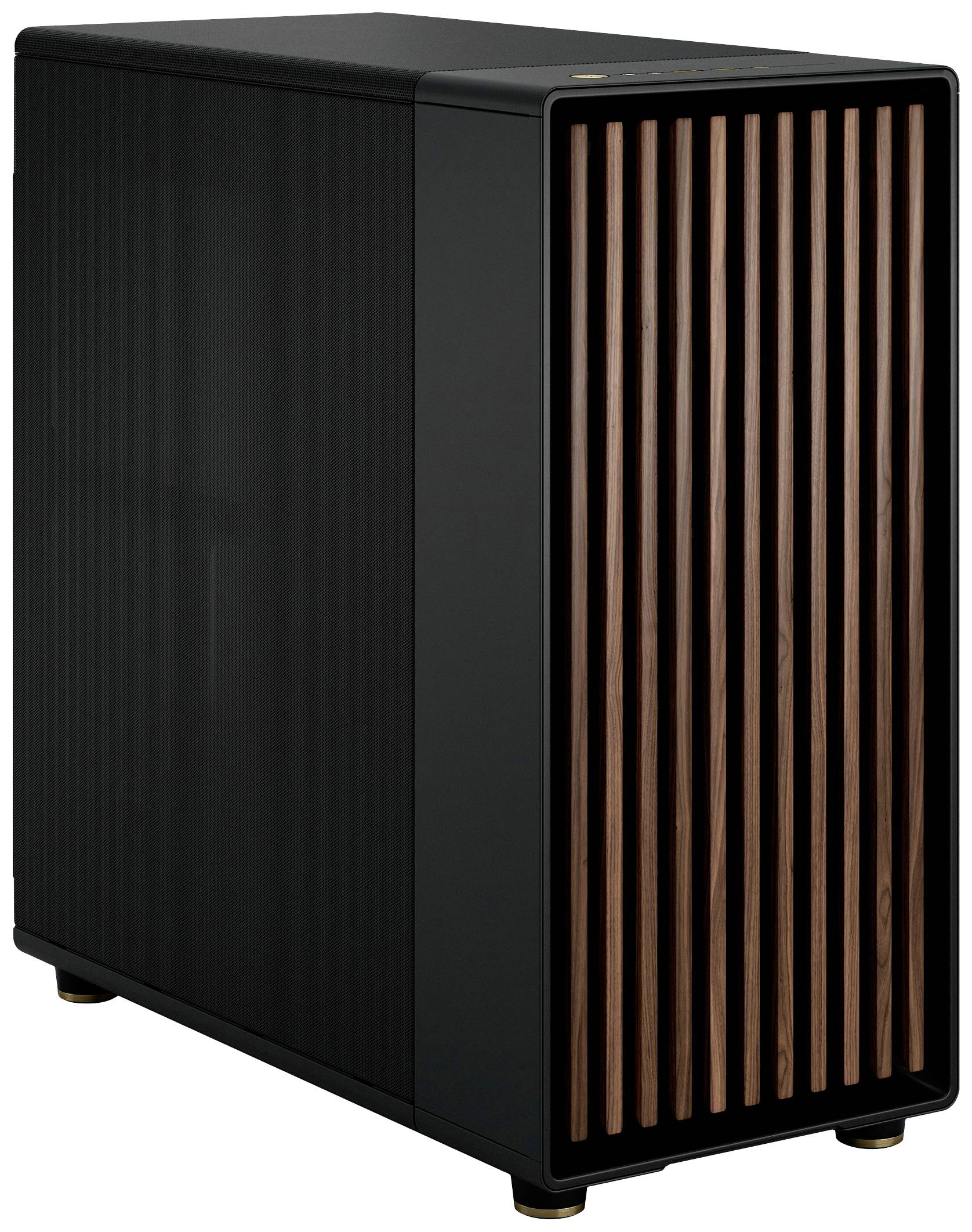 Zwart computerbehuizing met houten accenten aan de voorkant, verticale ventilatiesleuven. Modern design, geschikt voor thuis- of kantoor-pc's.